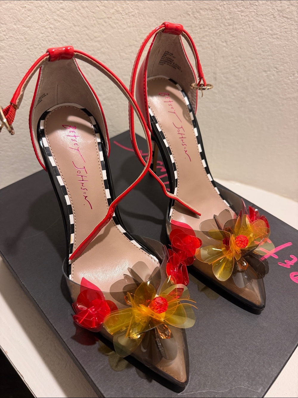 Betsey Johnson Red Pointed-Toe Heels with Floral Accents - Picture 5 of 6